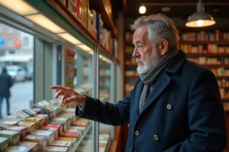 Homme belge examine des paquets de cigarettes au kiosque