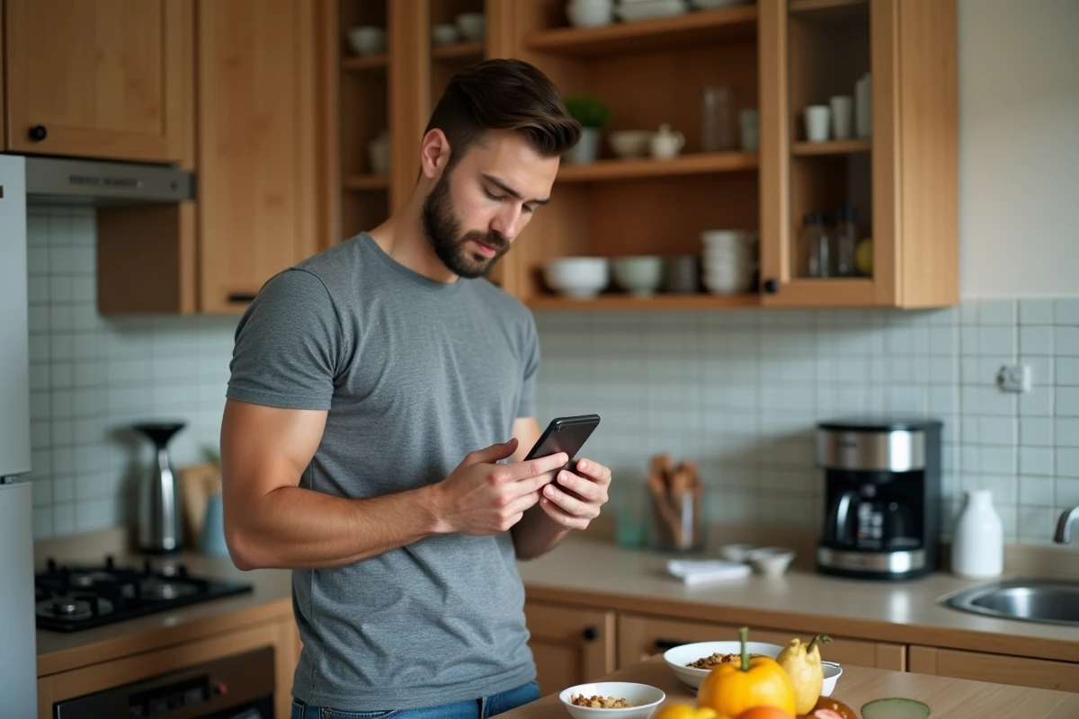 Homme consultant un blog de finances personnelles sur son smartphone pendant son petit-déjeuner