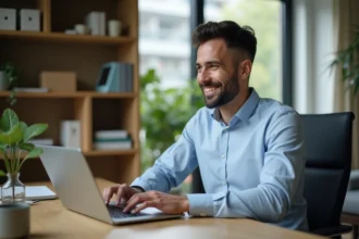 Homme en bureau moderne utilisant un ordinateur portable