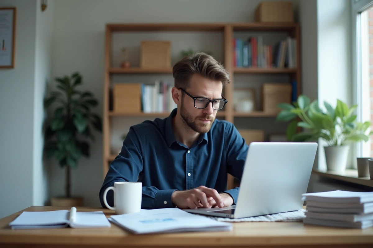 Homme pensif au bureau avec ordinateur et documents