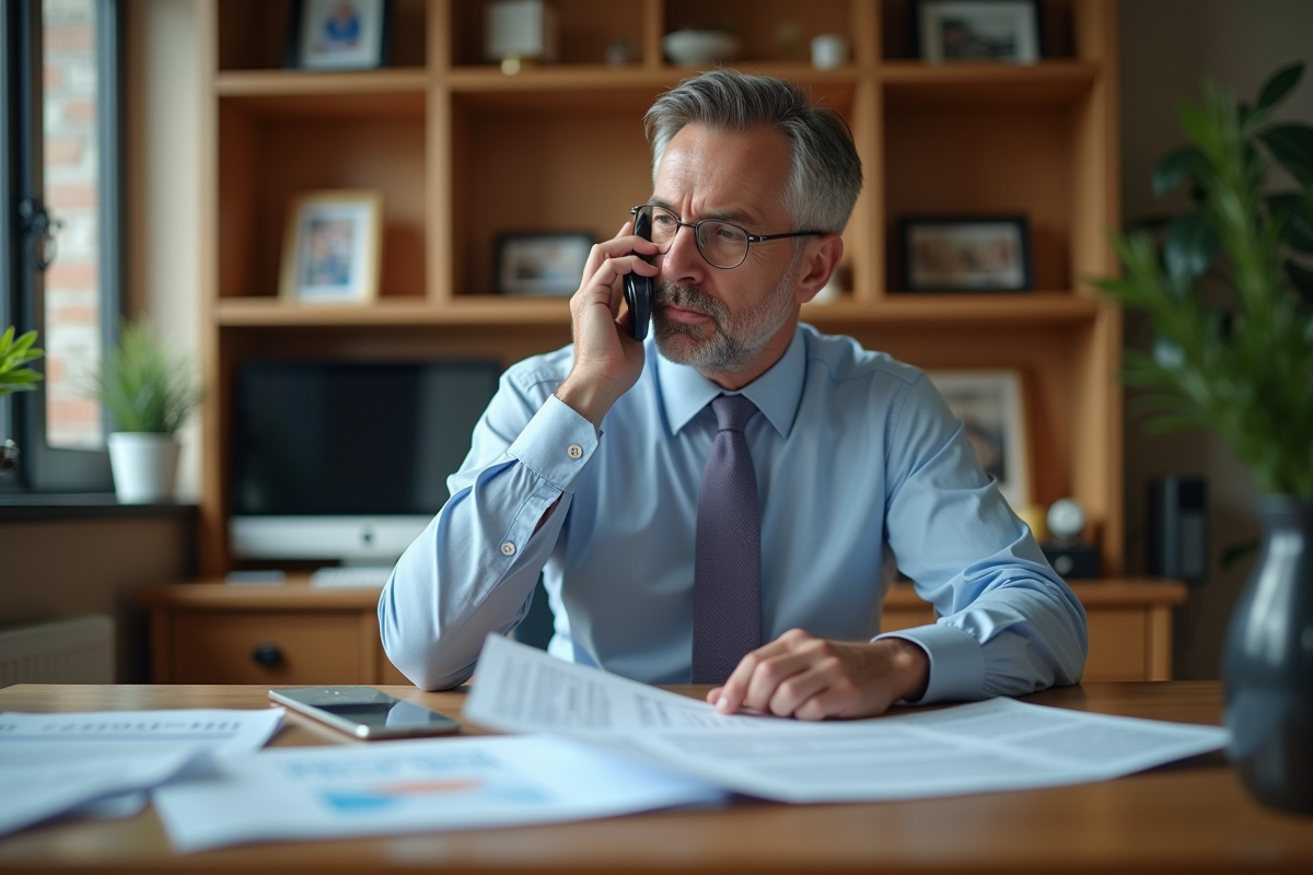 Homme au bureau parle au téléphone avec des relevés