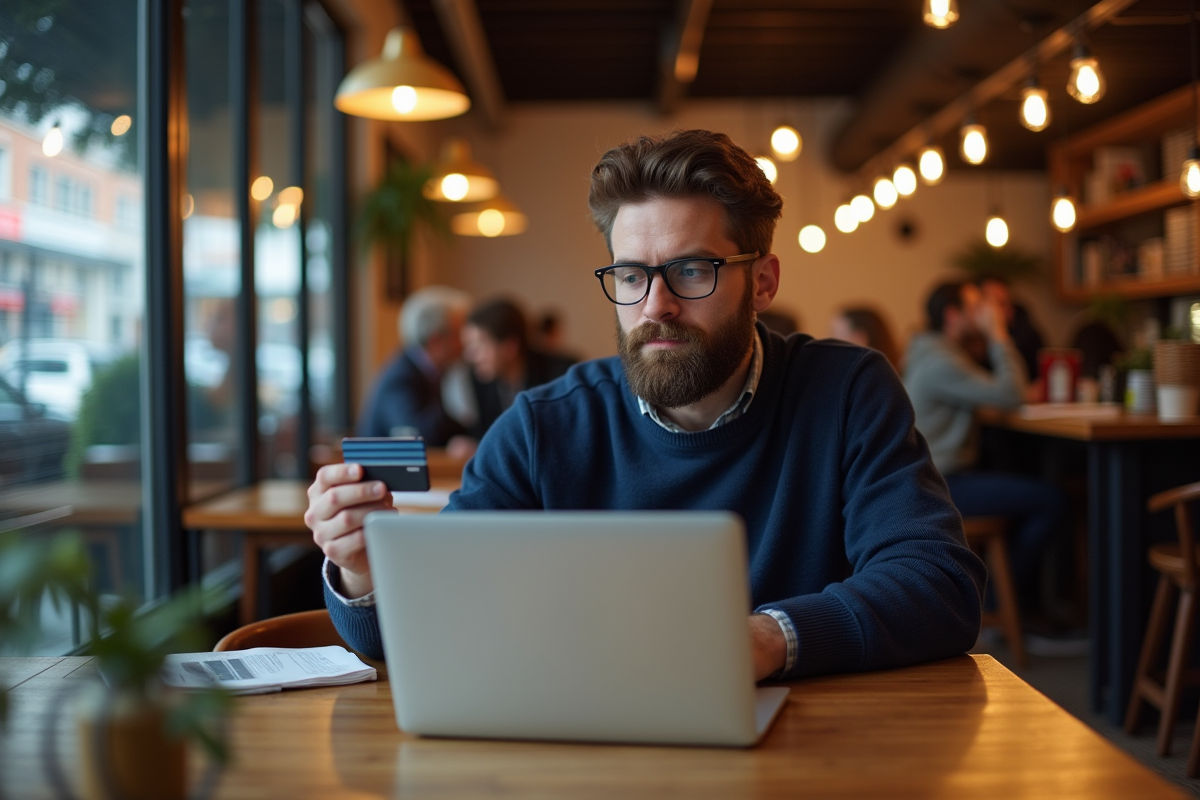 Homme barbu au café regarde son écran avec sa carte bancaire
