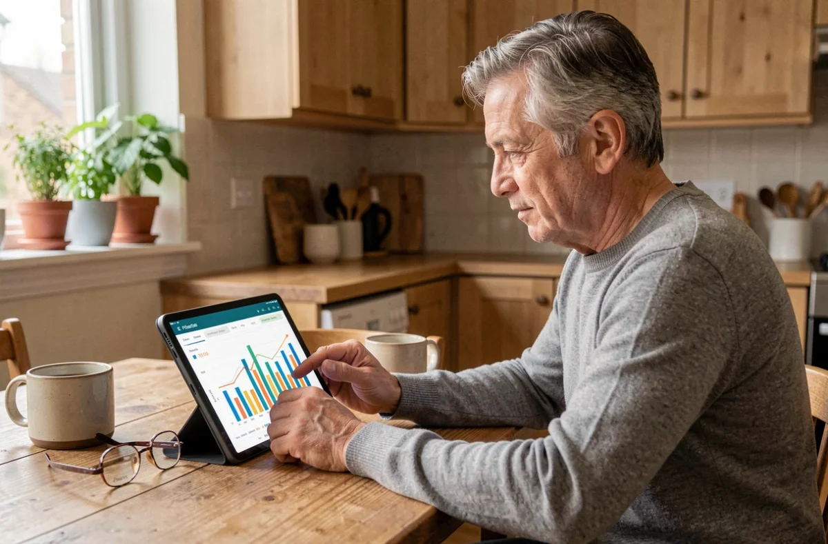 Homme mûr comparant les performances de SCPI sur tablette depuis son domicile pour optimiser son épargne