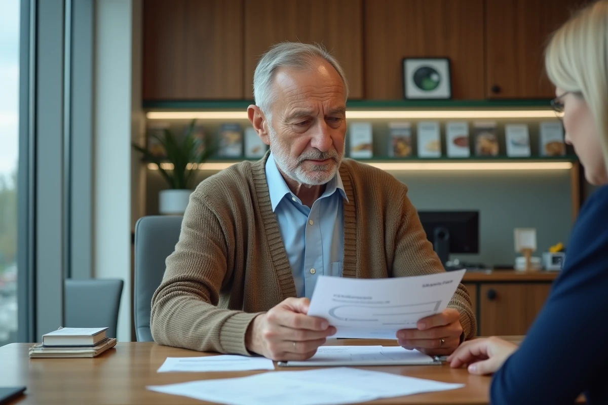 Homme d age consulte un conseiller bancaire dans une agence