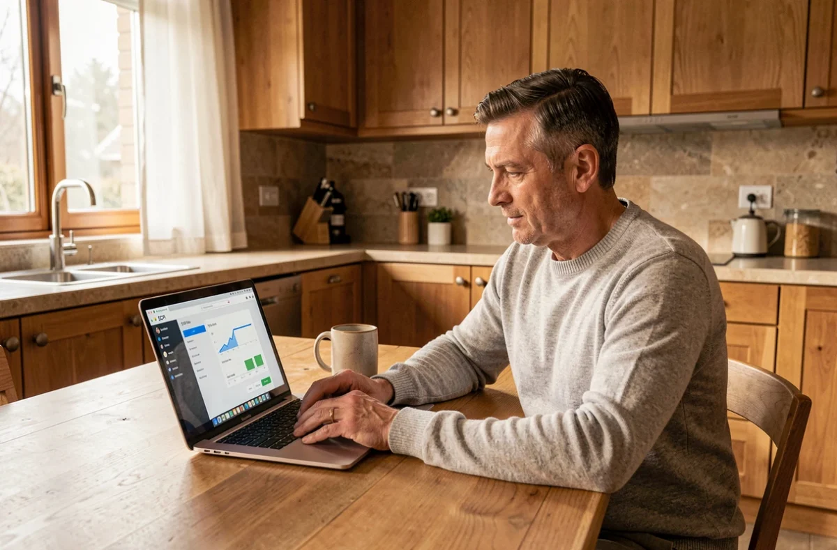 Homme d'âge mûr consultant une plateforme de SCPI sur son ordinateur portable dans une cuisine moderne