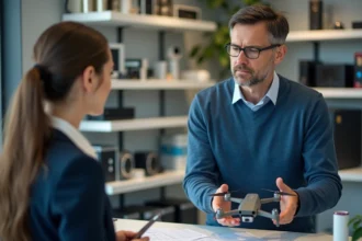 Homme d'âge moyen achetant un drone dans une boutique