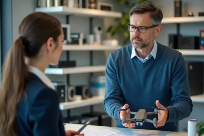 Homme d'âge moyen achetant un drone dans une boutique