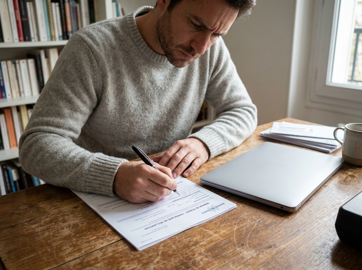 Homme remplissant un formulaire de la Banque de France pour une demande de droit au compte depuis son domicile