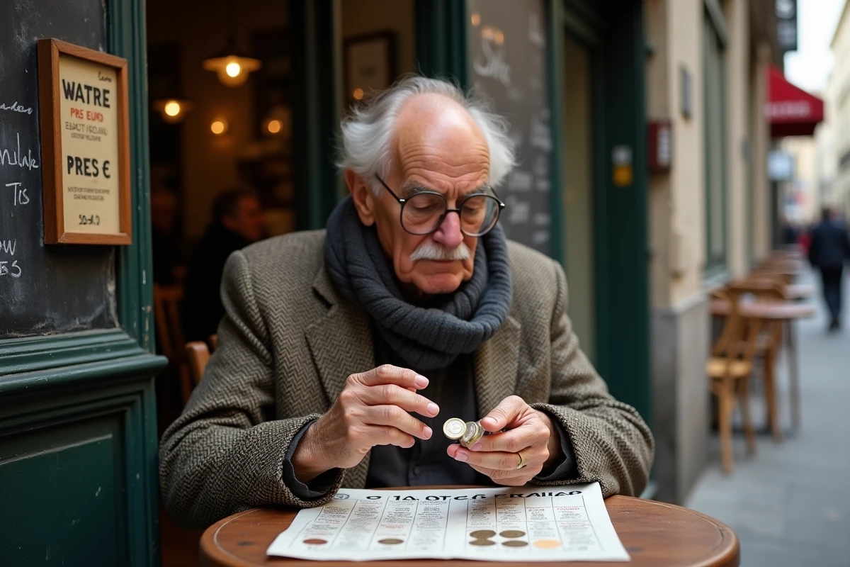 Homme français âgé regarde des pièces de franc dans un café parisien