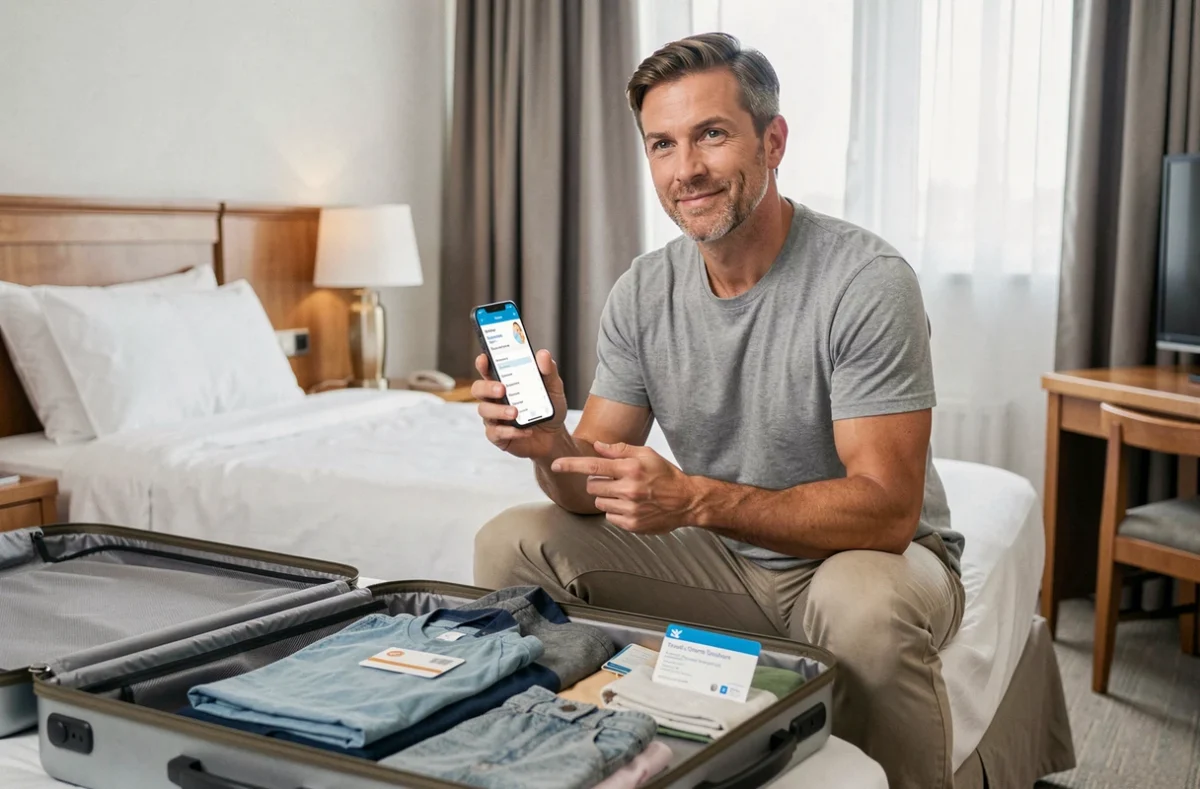 Homme consulter son application d'assurance voyage santé depuis sa chambre d'hôtel avant un départ serein