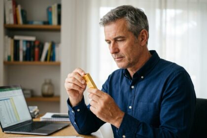 Homme tenant un lingot d'or dans un bureau à domicile, symbolisant l'investissement en or physique pour l'épargne