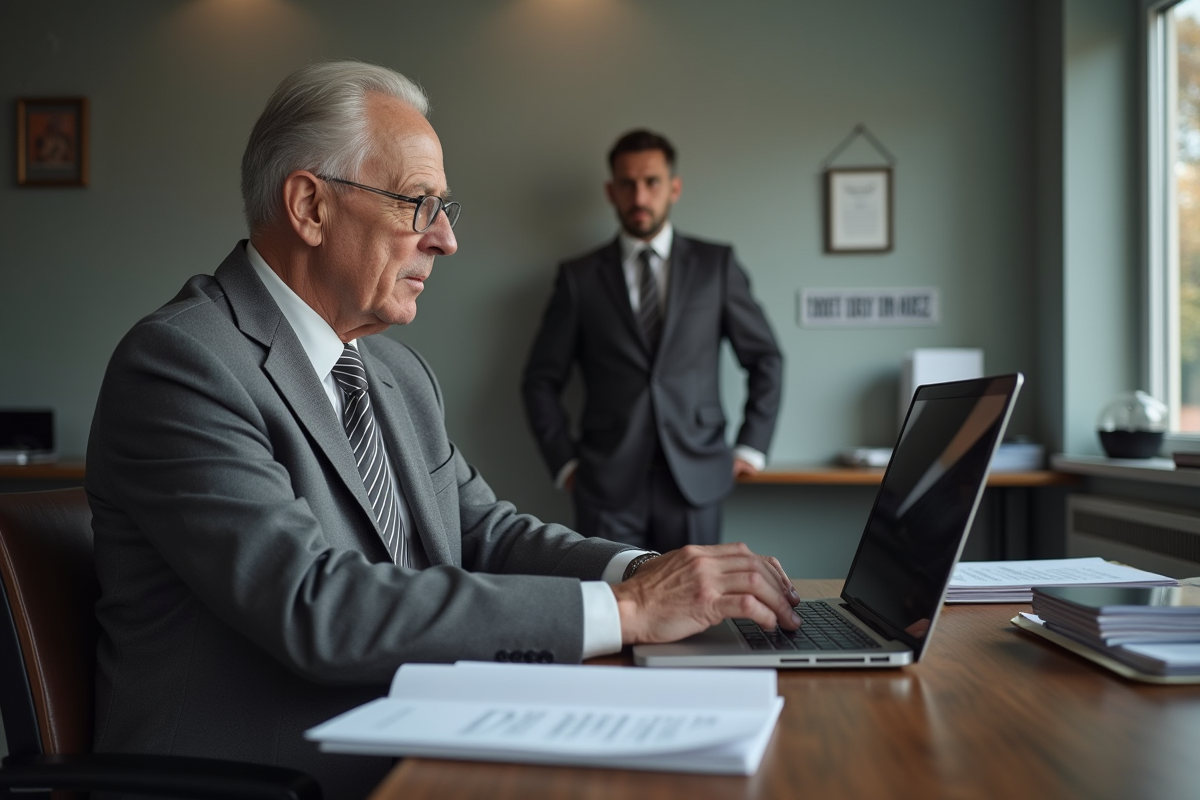 Homme âgé tapant une lettre sur un ordinateur dans une salle d