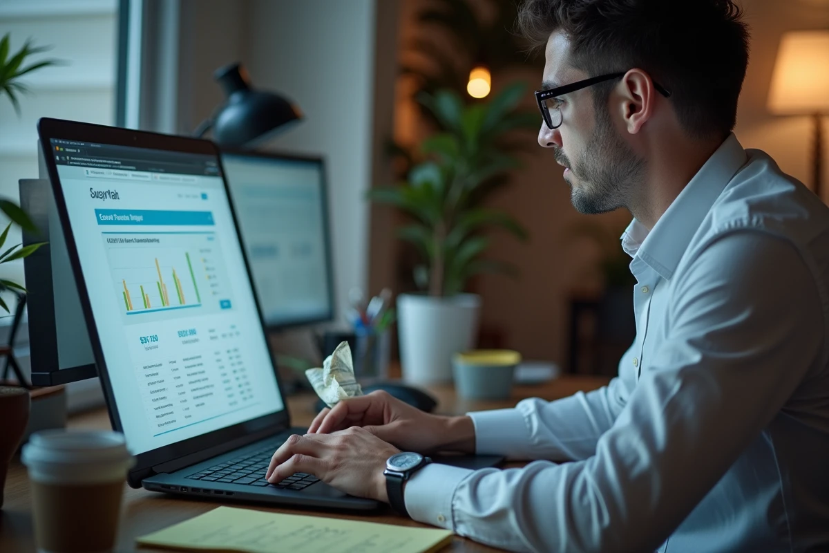 Homme cherchant des solutions en ligne pour payer une facture impayée depuis son bureau