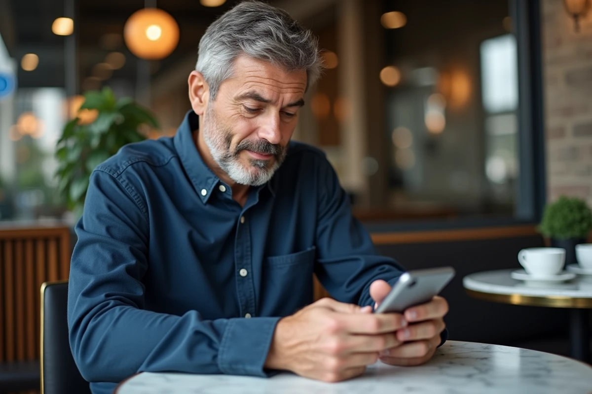 Homme paramétrant l'application CIC espace client particulier dans un café