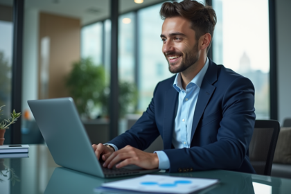 Jeune homme en costume utilisant un ordinateur avec graphique Ripple