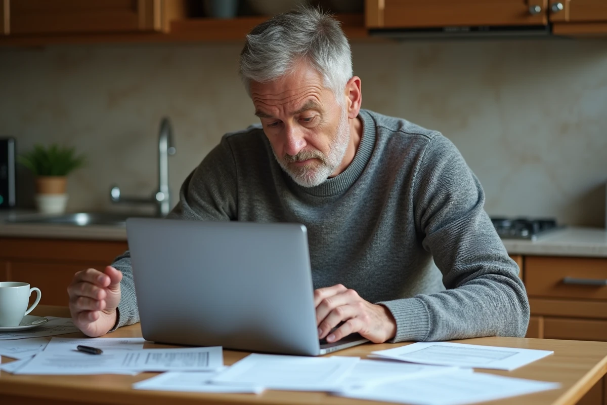 Homme consultant ses relevés bancaires et courriers de réclamation à domicile pour résoudre un litige financier