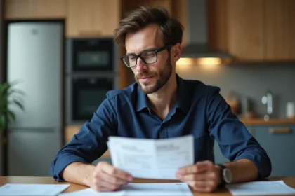 Homme d'âge moyen examine un bulletin de salaire à la maison
