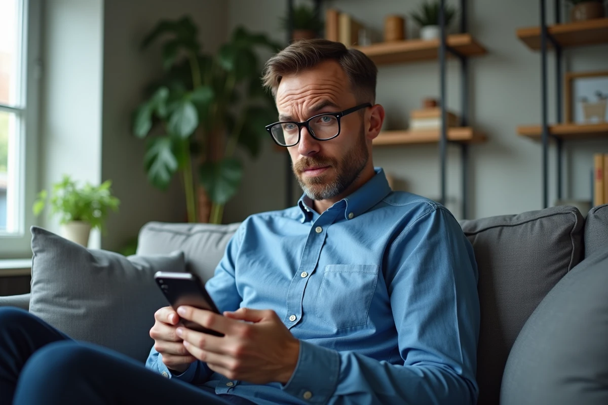 Homme dans le salon utilise son smartphone avec expression perplexe
