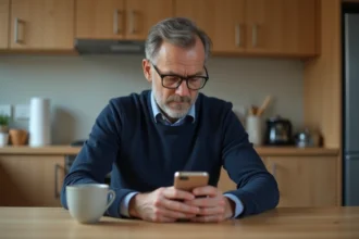 Homme d'âge moyen utilisant son smartphone dans une cuisine chaleureuse