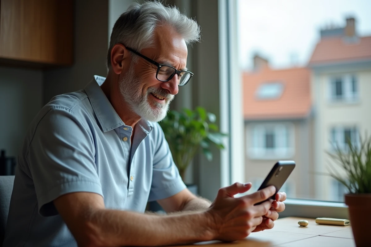 Homme souriant utilisant une application bancaire sur smartphone
