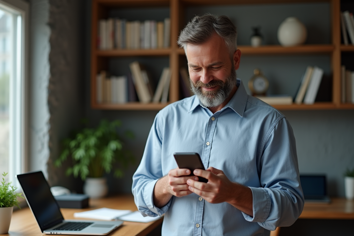Homme d age vérifiant son smartphone dans un bureau