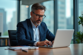 Homme en costume regardant un graphique boursier sur son ordinateur