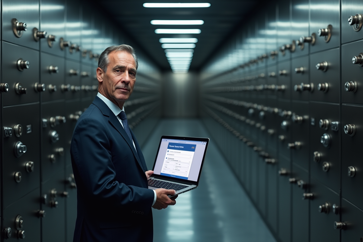Homme en costume entrant dans un coffre-fort bancaire avec un ordinateur portable