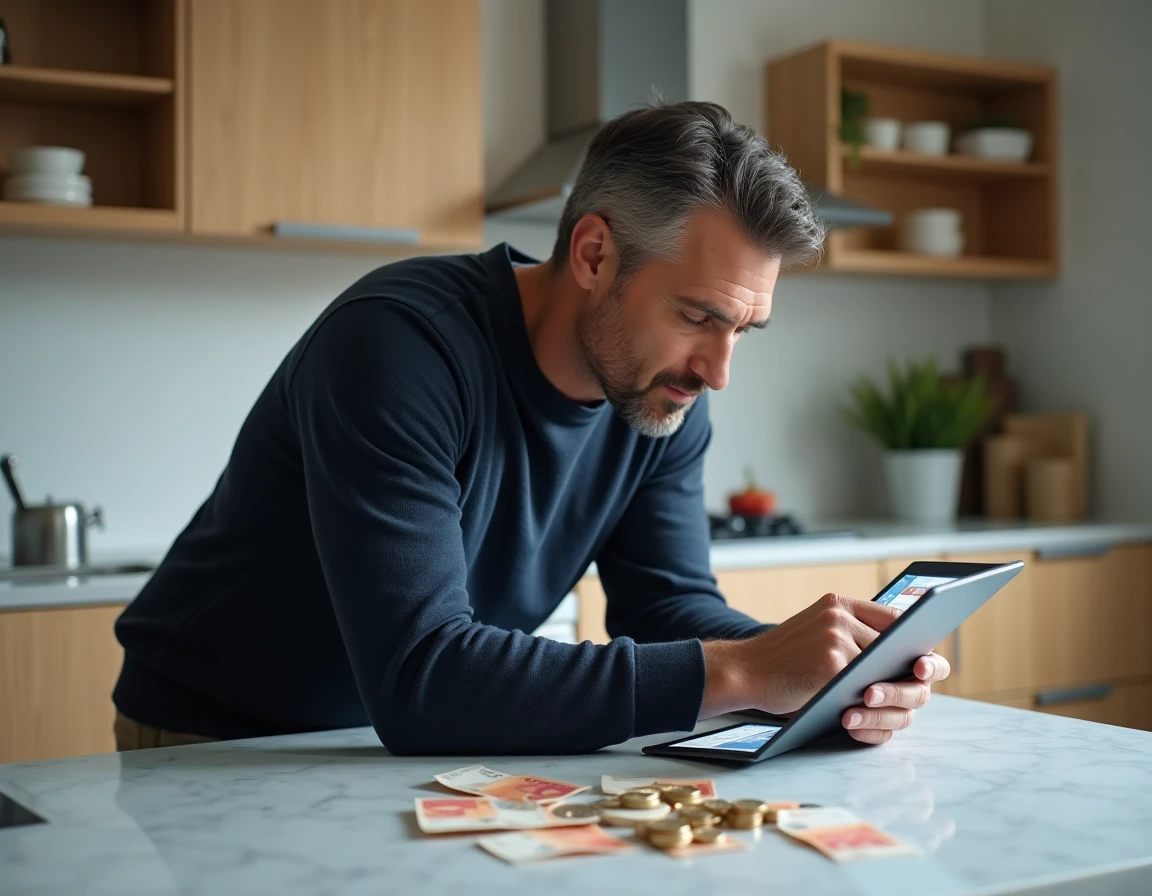 Homme utilisant une tablette avec une calculatrice de répartition de billets entouré de billets et pièces en euros sur un comptoir de cuisine