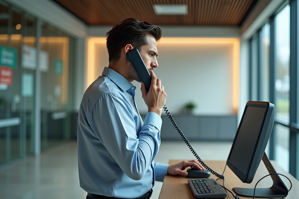Jeune homme anxieux au téléphone dans une agence bancaire