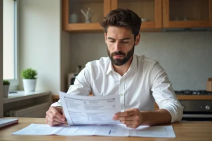 Jeune homme au travail chez lui avec papiers et documents