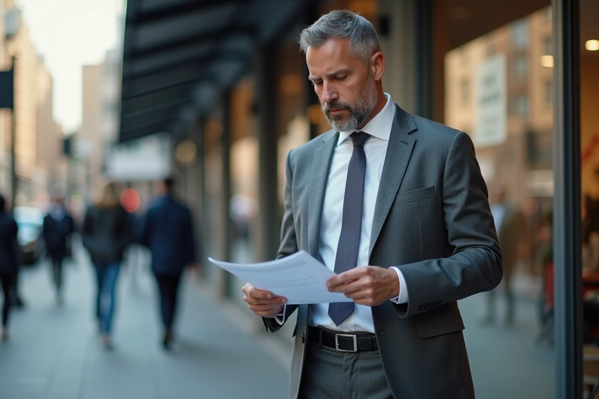 Homme d affaires examine une police d assurance