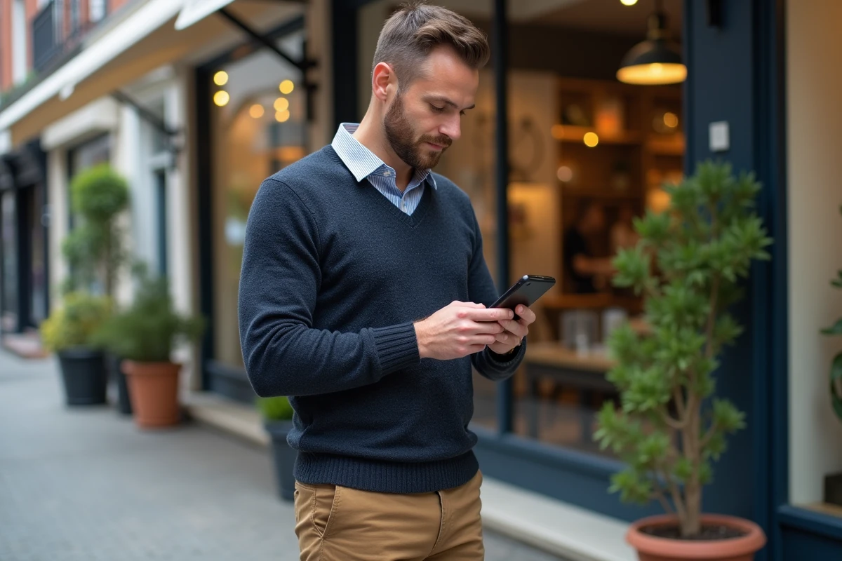 Homme consultat check cadhoc devant une boutique urbaine