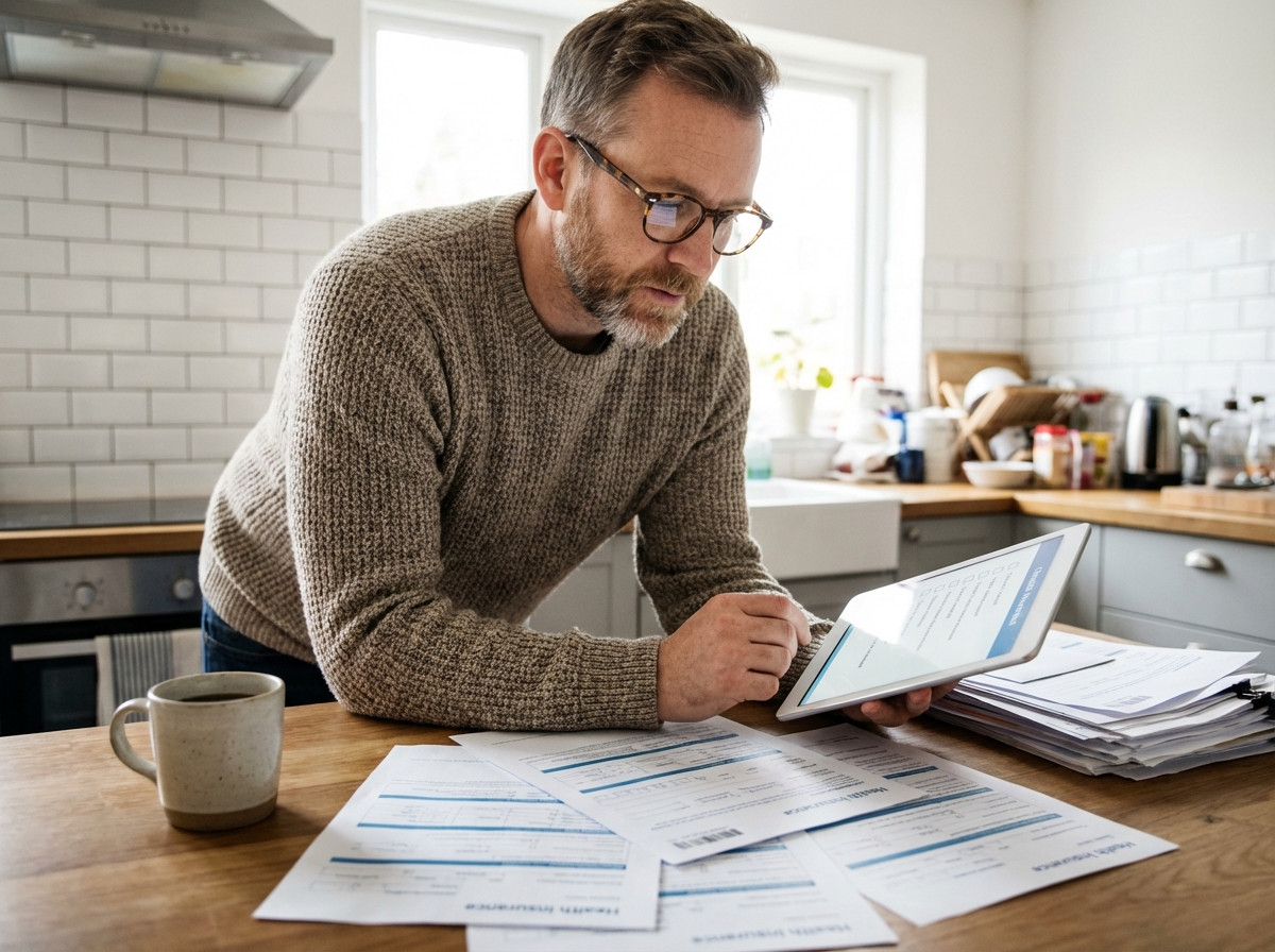 Homme vérifiant une checklist sur tablette à la cuisine