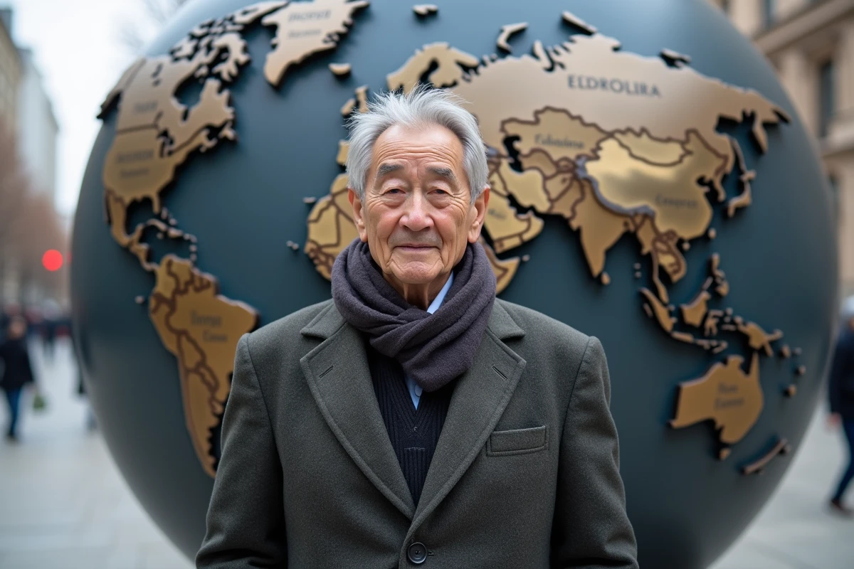 Homme âgé devant une sculpture de carte du monde en extérieur