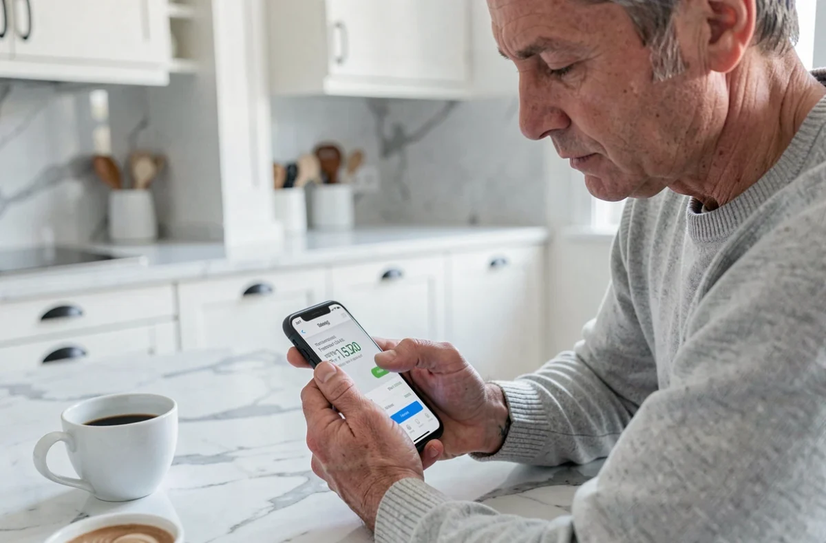Homme effectuant un virement bancaire instantané depuis son application mobile à la maison