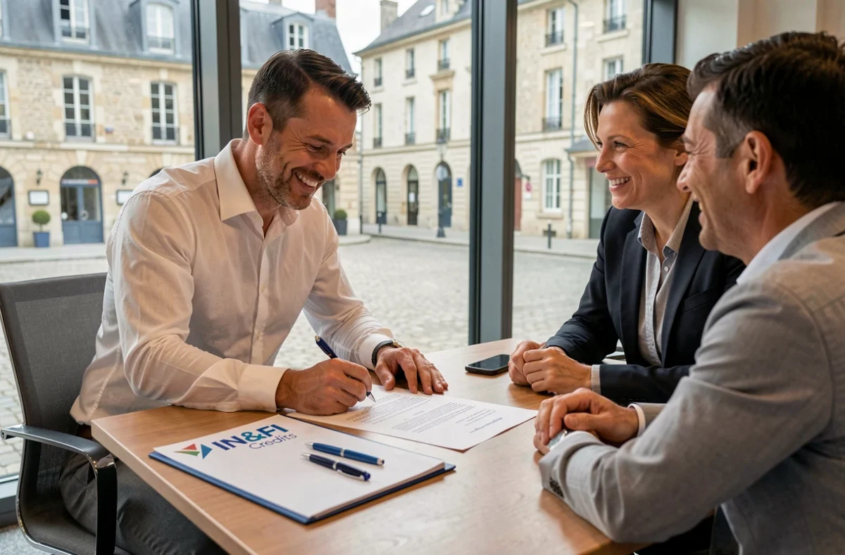 Un courtier IN&FI Crédits et son client signent un contrat d'assurance de prêt immobilier dans une salle de réunion avec vue sur une place provinciale française