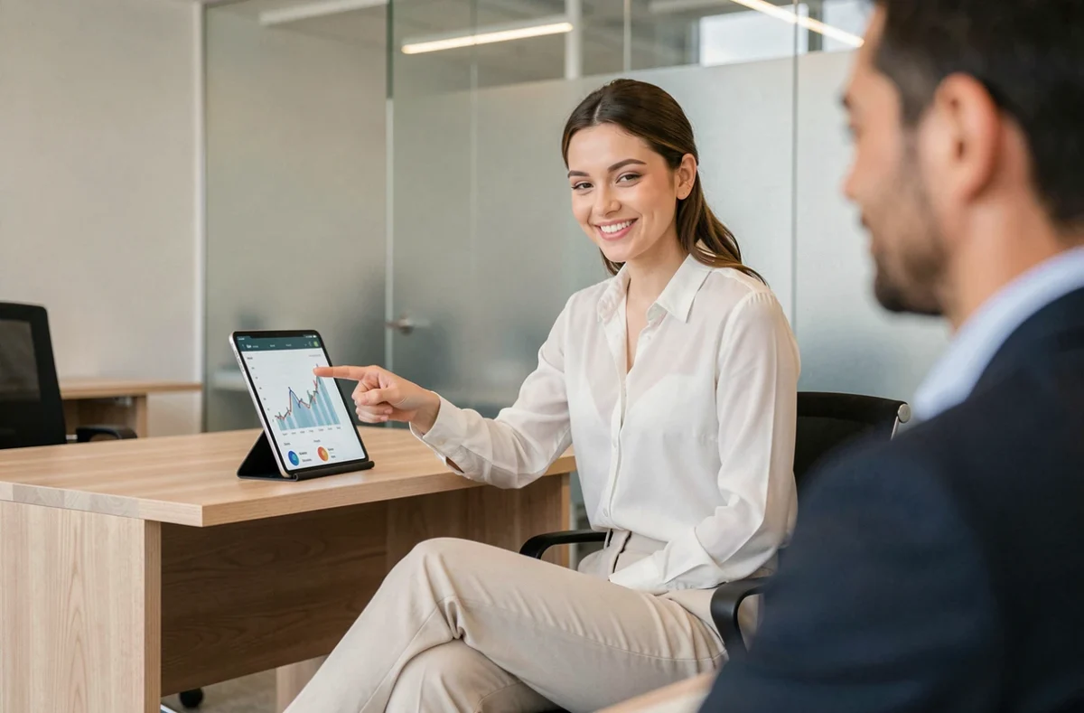 Conseillère Infi Credits expliquant des options de financement immobilier à des clients
