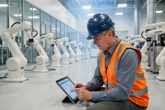 Ingénieur analysant des données dans une usine de semi-conducteurs, symbole de la puissance industrielle technologique mondiale