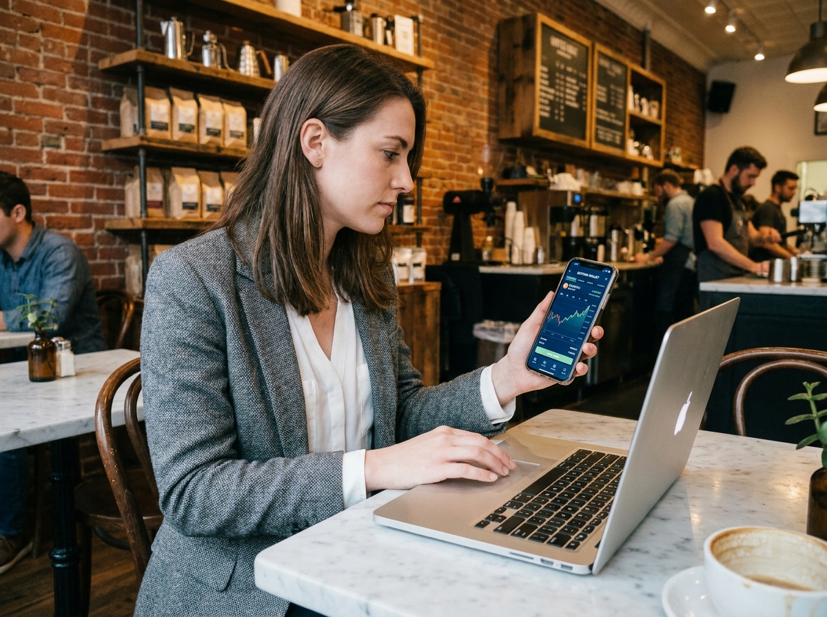 Femme investissant dans le Bitcoin depuis un café urbain avec laptop et smartphone