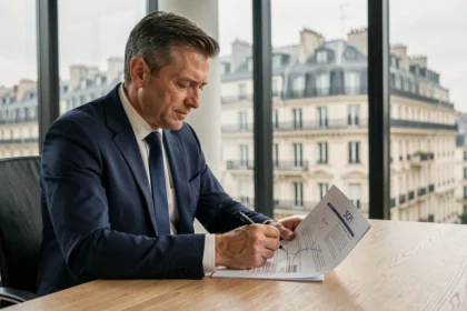 Un investisseur professionnel examine des documents de SCPI Pinel dans un bureau moderne avec vue sur des immeubles haussmanniens