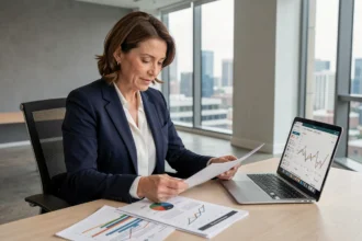 Investisseuse analysant les documents de rendement de la SCPI Corum USA dans un bureau moderne