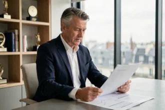 Animateur télévision français assis dans un bureau moderne parisien, examinant des documents financiers avec une expression concentrée