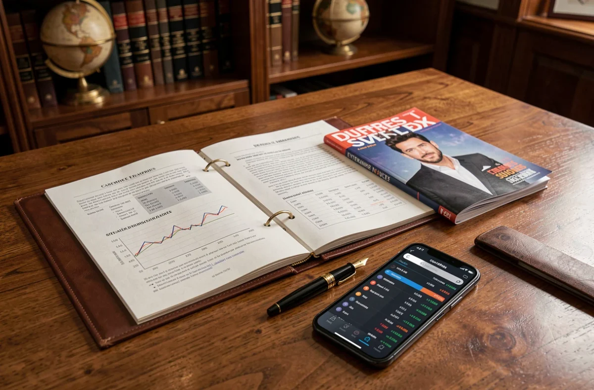 Bureau élégant avec dossiers financiers, magazine people et smartphone affichant un portefeuille d'investissement, évoquant la fortune d'une personnalité télévisuelle française