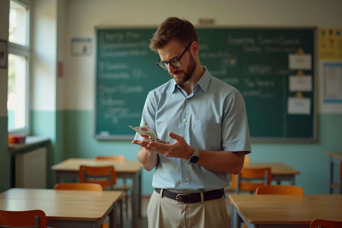 Jeune aide scolaire comptant des pièces dans une classe vide