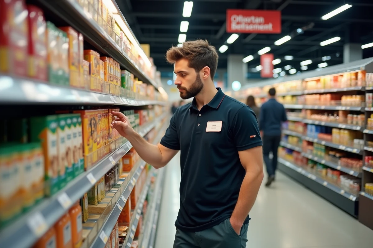 Jeune employé belge en supermarché en pleine tâche