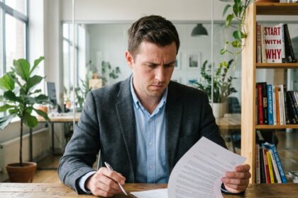 Jeune entrepreneur en réunion avec contrat d'assurance