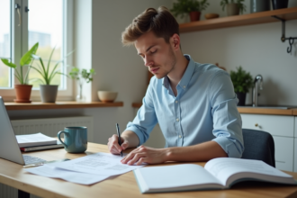 Étudiant jeune homme concentré à la maison avec livres et ordinateur