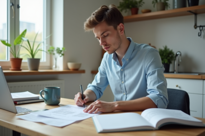 Étudiant jeune homme concentré à la maison avec livres et ordinateur