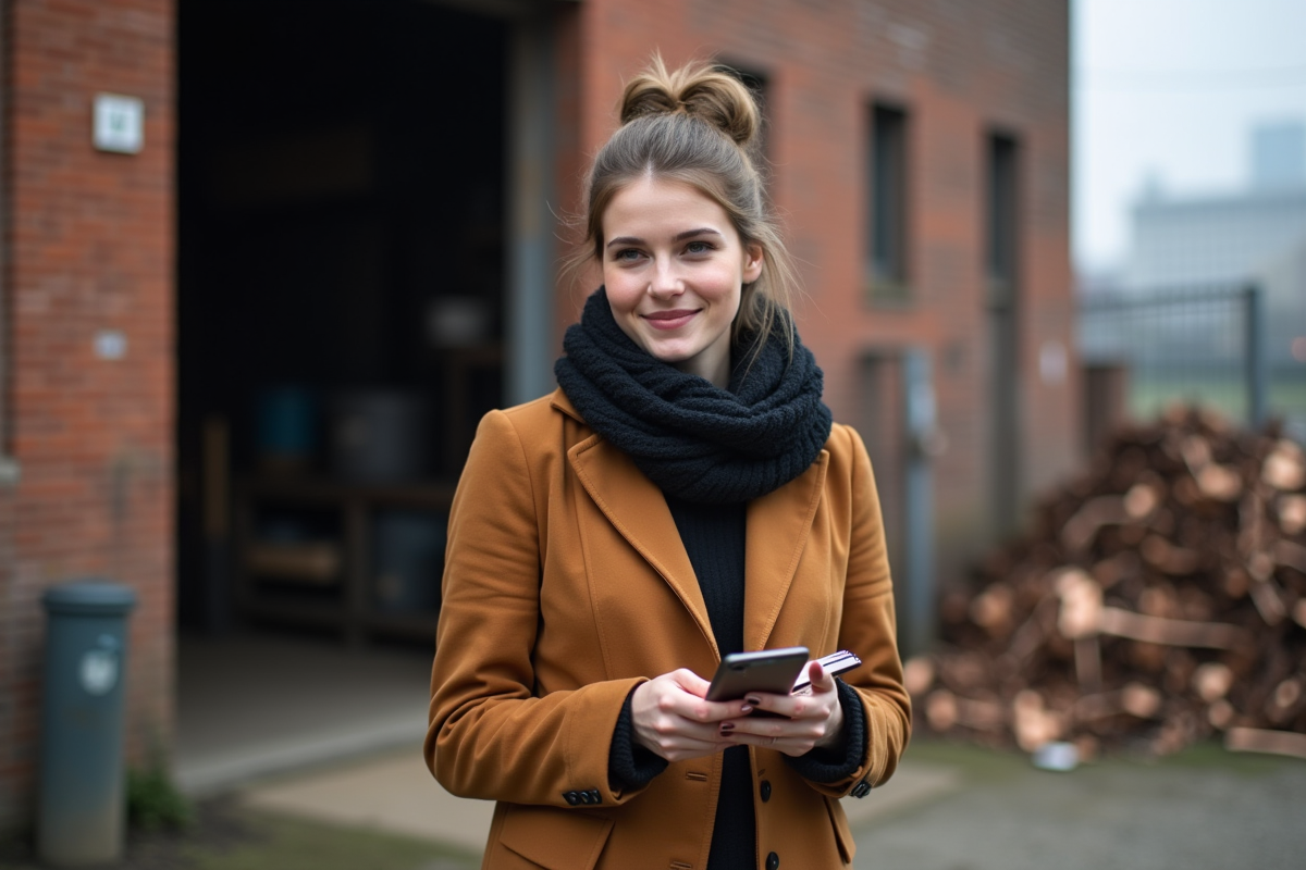 Jeune femme notant des prix devant une fonderie urbaine