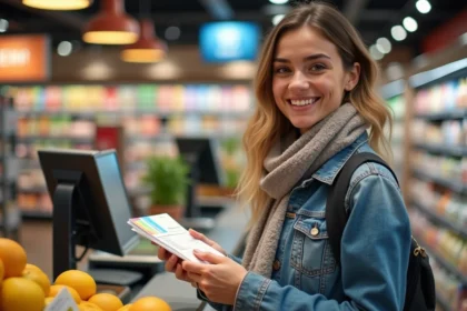 Jeune femme souriante avec checkbook cadhoc dans un supermarche